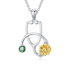 925 Sterling Silver Sunflower Stethoscope Medical Doctor Nurse Student Graduation Pendant Necklace - Otaj Gifts