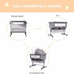 3-in-1 Bedside Crib With Mosquito Net, Large Storage Bag, Comfortable Mattress With Lockable Wheels, Grey - Otaj Gifts