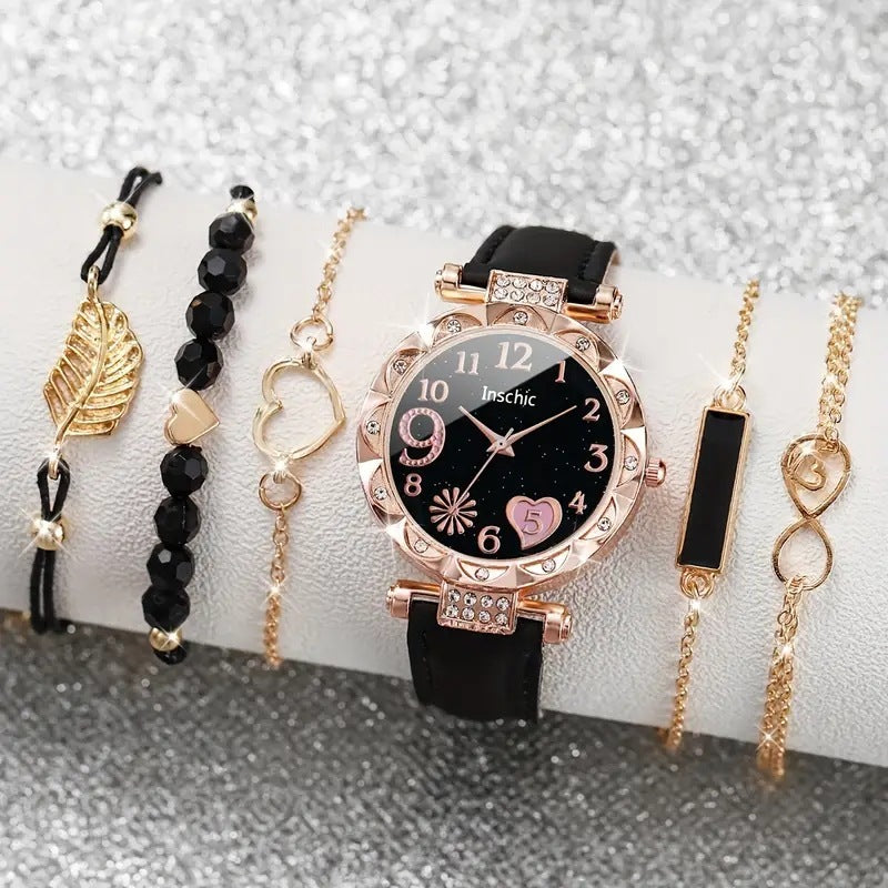 Women's Diamond Dial Belt Quartz Watch Beaded Bracelet Suit - Otaj Gifts