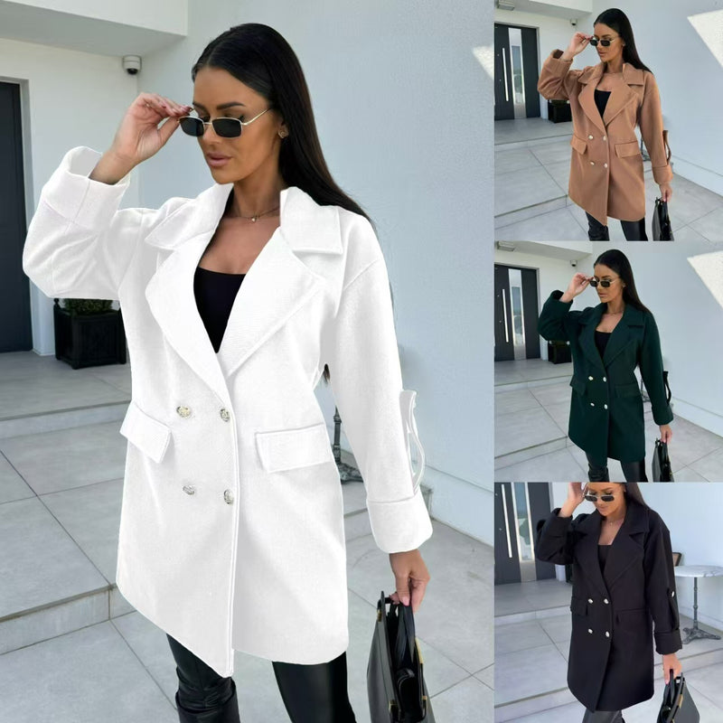 Winter Solid Color Fashion All-match Double-breasted Woolen Coat Women's Clothing - Otaj Gifts