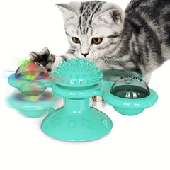 New Windmill Cat Toys Cute Rotating Interactive Cat Toy - Indoor Windmill Cat Toy With Suction Cup Catnip & Jagged Teeth Middle Ball, Smart Kitten Rotating Spinner Exercise Toy, Toothbrush & Massager - Otaj Gifts