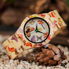 BOBO BIRD O20 Butterfly Print Women Watches All Bamboo Made Quartz Wristwatch for Ladies in Wooden Gift Box - Otaj Gifts