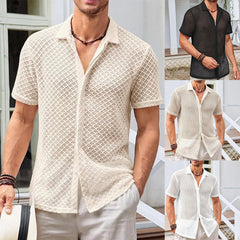 Summer Mesh Short Sleeve Shirt Fashion Solid Color Lapel Shirt Tops Beach Men Clothing - Otaj Gifts