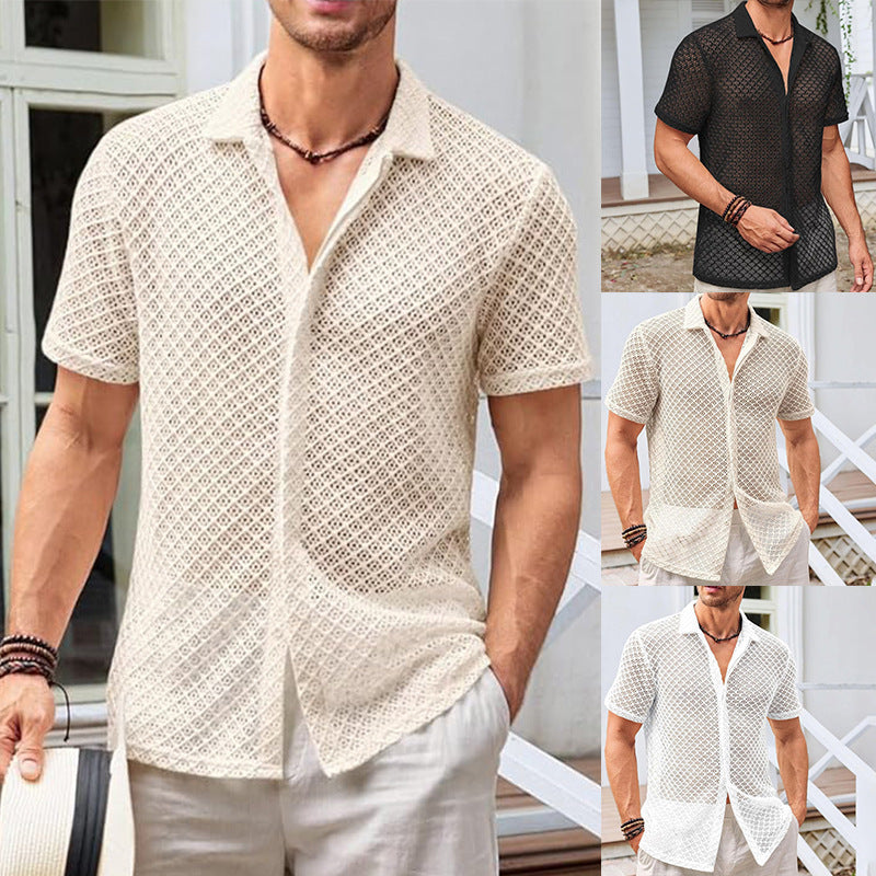 Summer Mesh Short Sleeve Shirt Fashion Solid Color Lapel Shirt Tops Beach Men Clothing - Otaj Gifts