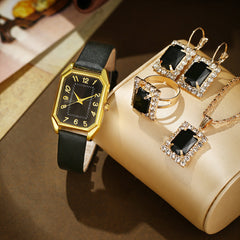 Leather Women's Watch Square Quartz Watch Korean Necklace Earrings Ring Set - Otaj Gifts