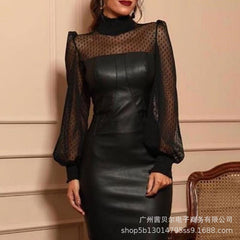 Black Mesh Stitching Tight Leather Skirt - Otaj Gifts