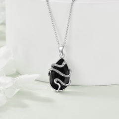 Sterling Silver Black Obsidian Tourmaline Crystal Snake Necklace Jewelry as Gifts - Otaj Gifts