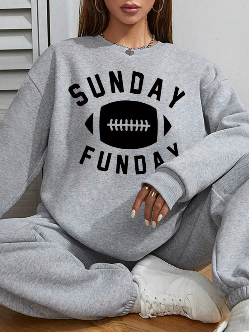 Women Basic Casual Pullover Spring Autumn Long Sleeve American Football Printed Round Neck - Otaj Gifts