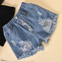 Children'S Clothing Cotton Dot Mesh Sleeves Striped Top Ripped Denim Shorts Kids Suit - Otaj Gifts
