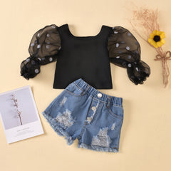 Children'S Clothing Cotton Dot Mesh Sleeves Striped Top Ripped Denim Shorts Kids Suit - Otaj Gifts