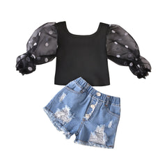 Children'S Clothing Cotton Dot Mesh Sleeves Striped Top Ripped Denim Shorts Kids Suit - Otaj Gifts