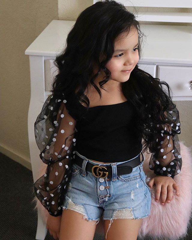 Children'S Clothing Cotton Dot Mesh Sleeves Striped Top Ripped Denim Shorts Kids Suit - Otaj Gifts