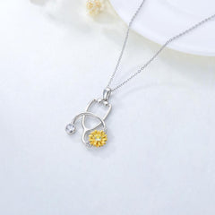 925 Sterling Silver Sunflower Stethoscope Medical Doctor Nurse Student Graduation Pendant Necklace - Otaj Gifts
