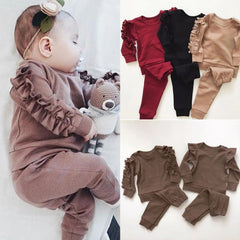 Newborn Baby Boys Girls Ruffles Jumper Solid Long Sleeve Sweatshirt Tops Pants Infant Kids 2Pcs Outfits Clothes Set Fall Clothes - Otaj Gifts