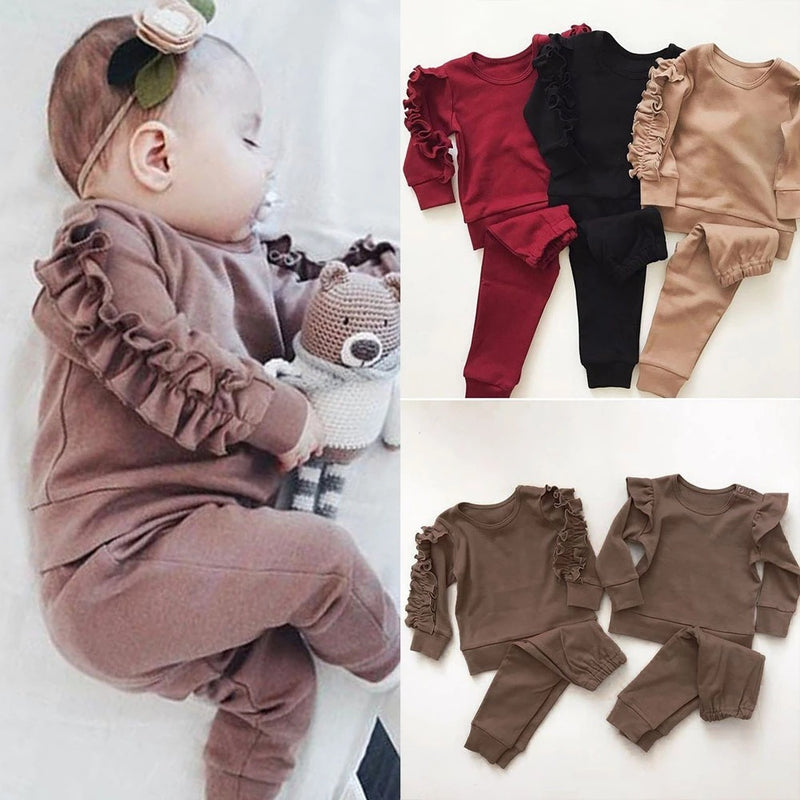 Newborn Baby Boys Girls Ruffles Jumper Solid Long Sleeve Sweatshirt Tops Pants Infant Kids 2Pcs Outfits Clothes Set Fall Clothes - Otaj Gifts