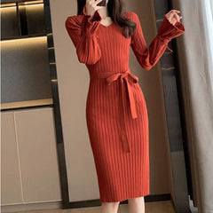 Bell Sleeve Solid Color Knitted Dress Autumn And Winter - Otaj Gifts