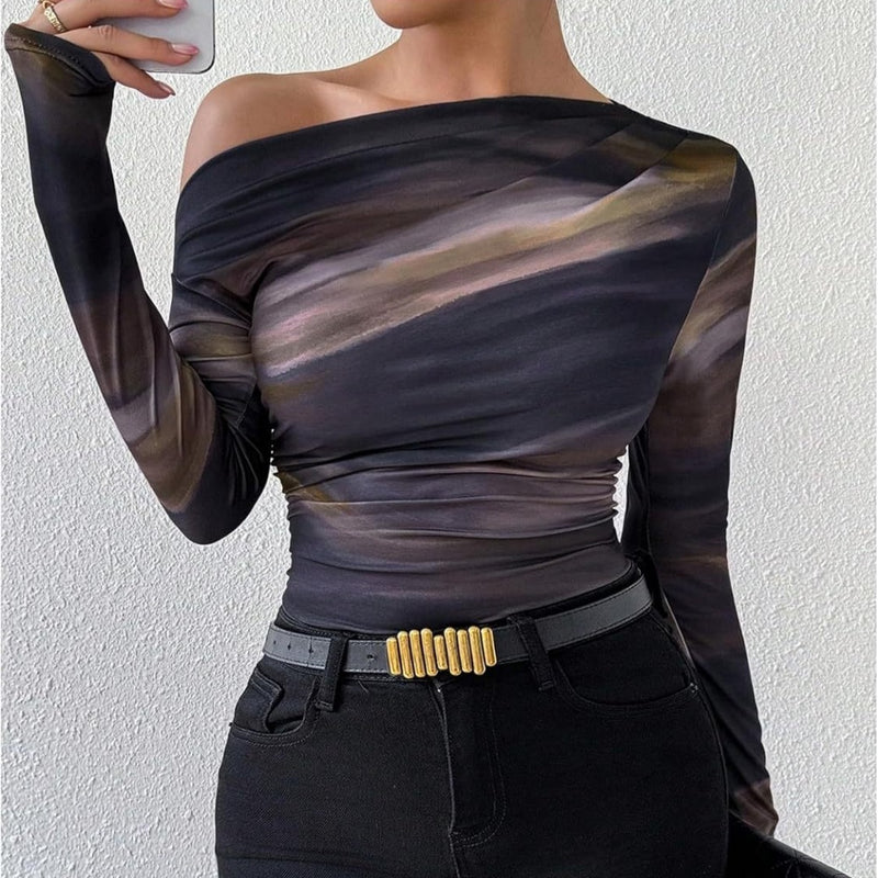 New Fashion Tie-dye Printed Asymmetric Ruffled Long-sleeved T-shirt - Otaj Gifts