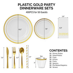 Set Of 50 Flat Plastic Round Gold Disposable Cutlery Containing Large And Small Plates, Cups, Cutlery, Paper Towels, Straws - Otaj Gifts