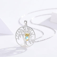 Tree of Life with Moonstone Owl Clearance Pendant Necklace in 925 Sterling Silver - Otaj Gifts