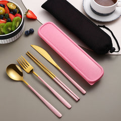 304 Dinnerware Set Flatware Kitchen Accessories Camping Travel Sets Gold Knife Fork Spoon Portable Cutlery Sets With Case - Otaj Gifts