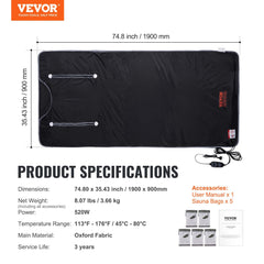 VEVOR Sauna Blanket For Detoxification, Portable Far Infrared Sauna For Home, Oxford Sauna Bag Warm Holes & Carbon Fiber Heating, 1-6 Level Adjustable Temp 95-176F, 5-60 Minutes Timer, 75 X 35 In - Otaj Gifts