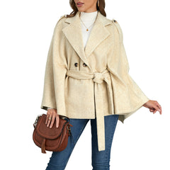 Bandage Coat Batwing Sleeve Lapel Woolen Coat - Otaj Gifts