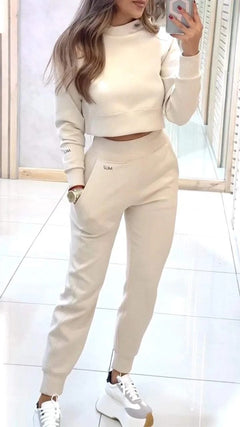 Stand Collar Sports Suit Fashion Pullover Long-sleeves Short Top And Slim Trousers With Pockets Solid Outfits Women's Clothing - Otaj Gifts