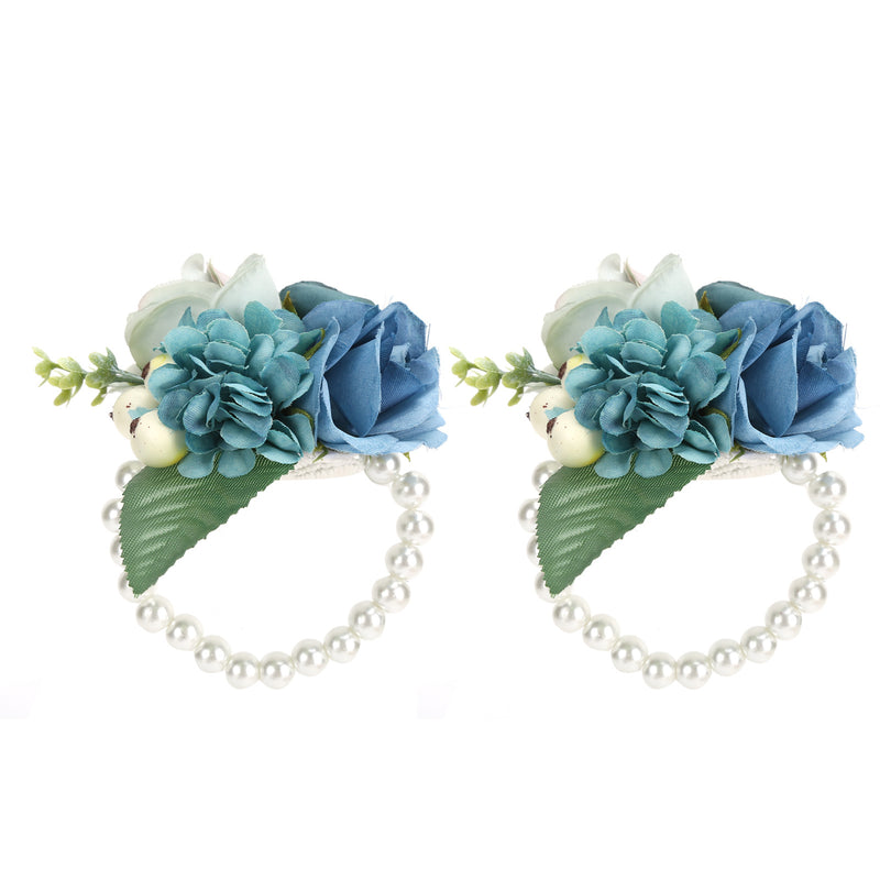 2Pcs/Bag Bridesmaid Wrist Flower Artificial Hand Flower for Wedding Anniversary Cocktail PartyCyan Blue - Otaj Gifts