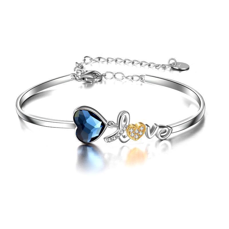 I Love You Heart Bangle Bracelet Fine Jewelry in Sterling Silver with Crystal - Otaj Gifts