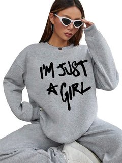 Women Basic Casual Pullover Spring Autumn Long Sleeve Just Girl Printed Round Neck - Otaj Gifts