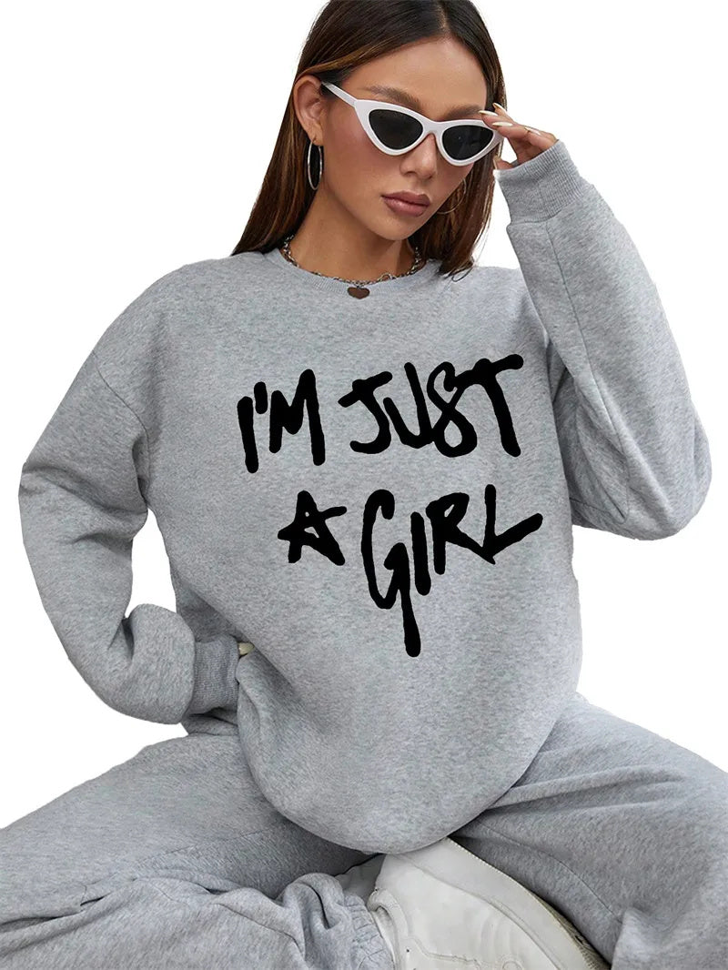 Women Basic Casual Pullover Spring Autumn Long Sleeve Just Girl Printed Round Neck - Otaj Gifts