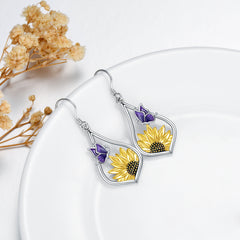 Sterling Silver Sunflower Dangle Earrings with Purple Butterfly Gift for Women - Otaj Gifts