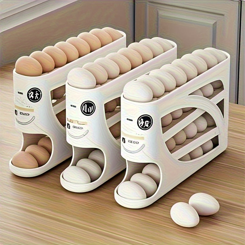 4-Tier Rolling Egg Holder - Space-Saving Side Door Design, Holds 30 Eggs, Smooth Glossy Finish, Convenient Handle | Suitable for Kitchen and Fridge Storage | Modern Kitchen Accessory | Durable Plastic Material - Otaj Gifts