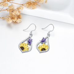 Sterling Silver Sunflower Dangle Earrings with Purple Butterfly Gift for Women - Otaj Gifts
