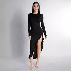 Round Neck Long Sleeve Slim Solid Color Frill Split Ruffled Dress - Otaj Gifts