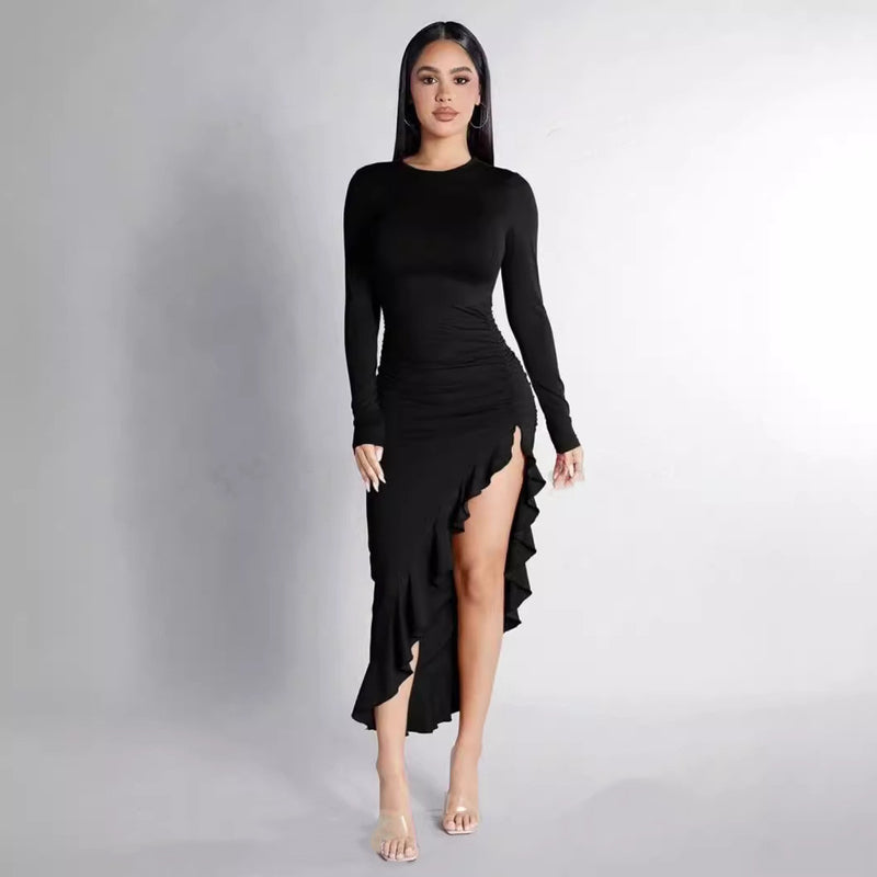 Round Neck Long Sleeve Slim Solid Color Frill Split Ruffled Dress - Otaj Gifts