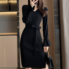 Bell Sleeve Solid Color Knitted Dress Autumn And Winter - Otaj Gifts