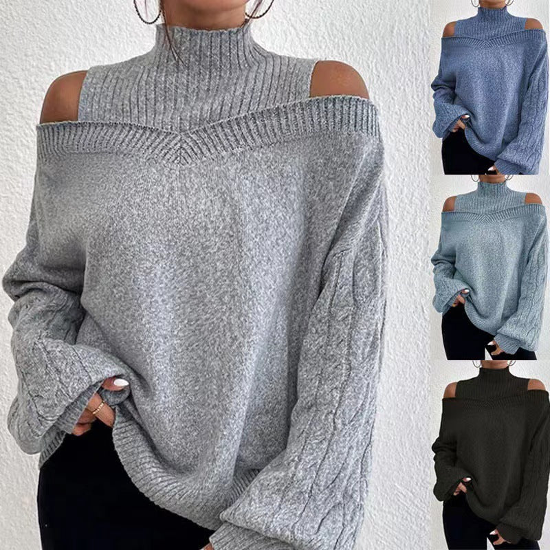European And American Off-the-shoulder Sweater Women's Pullover Half Turtleneck Autumn And Winter New Lantern Sleeve Sweater - Otaj Gifts