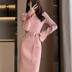 Bell Sleeve Solid Color Knitted Dress Autumn And Winter - Otaj Gifts