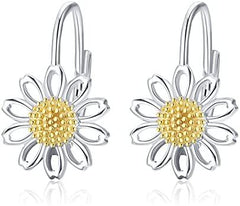 Daisy Leverback Hoop Earrings in White Gold Plated Sterling Silver - Otaj Gifts