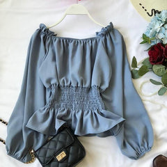 Women's Chiffon Shirt Off-shoulder Shoulder-baring Spring And Autumn Korean Style Waist-controlled Top - Otaj Gifts