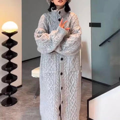 High Collar Thickened Twist Sweater Coat, Gray Cozy Over-knee Knitted Cardigan Long Sweater, Boho Women Sweater, Womens Winner Clothing - Otaj Gifts