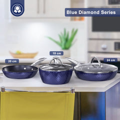 Frying Pan Sets Non Stick 3Pieces Blue 3D Diamond Cookware - Otaj Gifts