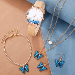 J5pcsset All-match Fashion Butterfly Women's Belt Watch Suit - Otaj Gifts