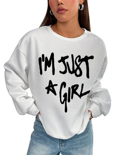 Women Basic Casual Pullover Spring Autumn Long Sleeve Just Girl Printed Round Neck - Otaj Gifts