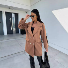 Winter Solid Color Fashion All-match Double-breasted Woolen Coat Women's Clothing - Otaj Gifts