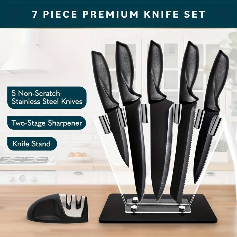 7-Piece High Carbon Stainless Steel Kitchen Knife Set With Handles And Sharpener - Otaj Gifts