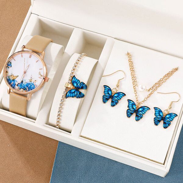 J5pcsset All-match Fashion Butterfly Women's Belt Watch Suit - Otaj Gifts