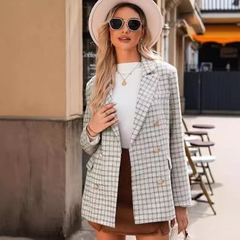 Women's Polyester Tweed Blazer With Fashion Casual Top Pockets - Otaj Gifts