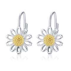 Daisy Leverback Hoop Earrings in White Gold Plated Sterling Silver - Otaj Gifts